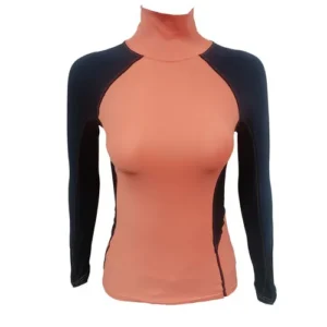 A women's high-neck compression shirt featuring a peach-colored front panel with contrasting navy blue raglan sleeves and side panels for a sleek athletic fit.