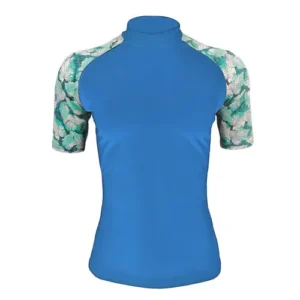 A short-sleeved training shirt in royal blue featuring a high mock neck and light blue floral or abstract patterned sleeves for a stylish gym look.