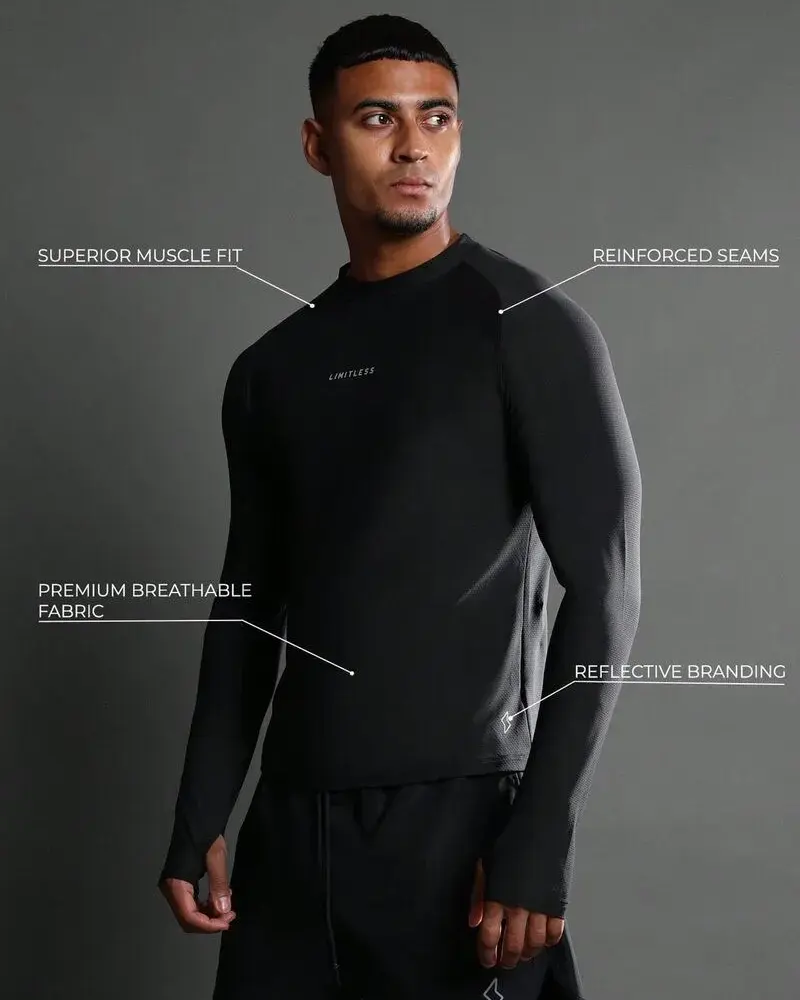 male wearing black custom rash guard describing the detail of fabric and customization options with black background
