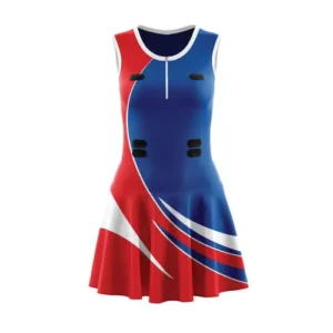 blue and red custom sublimated netball uniform with white background