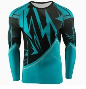 A full-sleeve compression shirt featuring a sharp teal and black geometric star-burst graphic design, ideal for high-intensity training or MMA.
