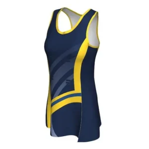 custom navy blue and yellow sublimated dress with white background