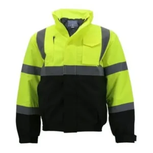 hi visibility soft shell black bottom custom yellow jacket with white background