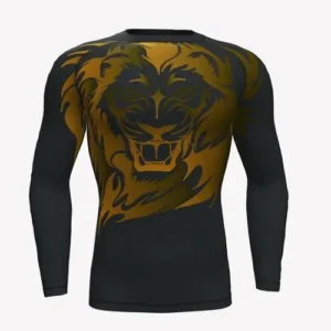 A black performance compression shirt featuring a large, intricate golden-yellow lion head graphic printed across the center of the chest.