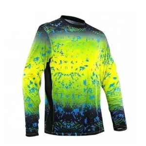 A long-sleeved performance rash guard featuring a vibrant neon yellow and green abstract sublimation print with deep blue splattered accents on the lower hem and sleeves.