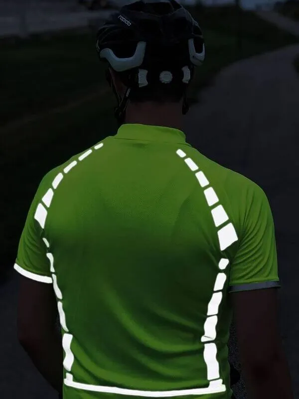 male wearing yellow reflective tape polo