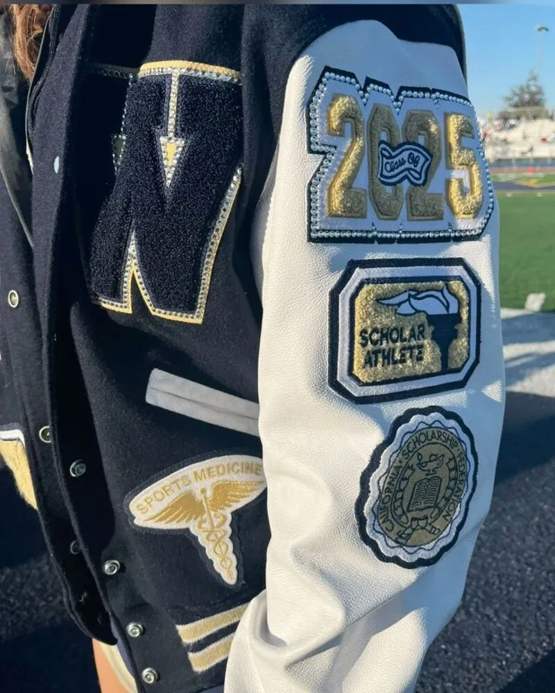 blue letterman jacket in woven fabric leather sleeves embroidery patches on shoulder