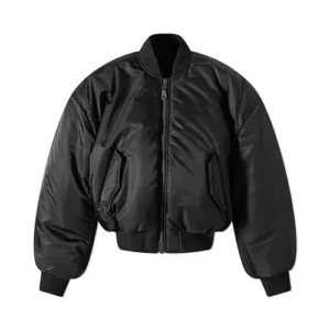 A shiny black satin puffer jacket with a ribbed bomber-style collar and dropped shoulders for an oversized look.