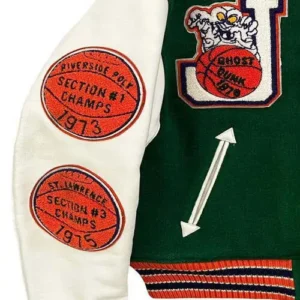 A detailed close-up shot of a dark green jacket sleeve, focusing on the high-density embroidery of two red circular patches labeled 'Section 1' and 'Section 3' champions.