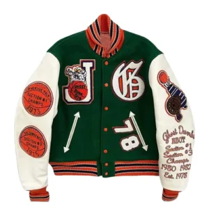 A dark green wool varsity jacket with white leather sleeves, featuring numerous embroidered patches including a basketball graphic, '78' numbering, and red circular competition patches on the sleeve.