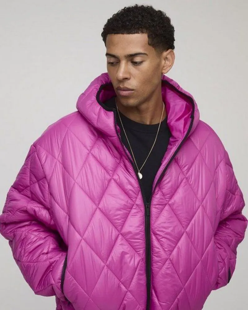 male wearing pink puffer jacket