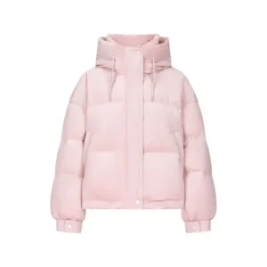 A women's light pink puffer jacket featuring a large attached hood and a clean, minimalist front design without visible buttons.