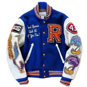 royal blue wool letterman jacket chenille patch work on front and sleeves