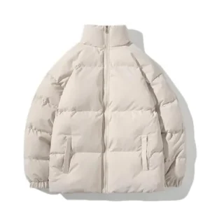 An off-white or cream-colored puffer jacket with a high collar and heavy insulation, shown against a plain background.