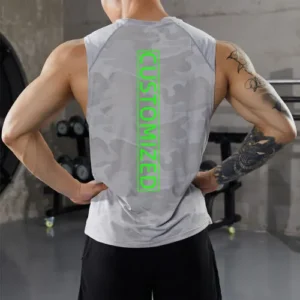 The back view of a man wearing a grey camouflage print tank top with the word CUSTOMIZED printed vertically in neon green.