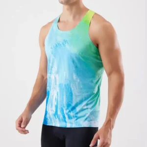 A man wearing a performance tank top featuring a vibrant blue and lime green abstract watercolor-style print.