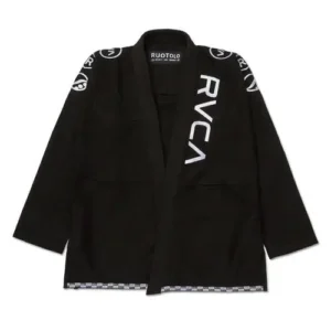 A professional black BJJ Gi featuring bold white typography along the left lapel and circular brand patches on both shoulders, with a checkered inner hem detail.