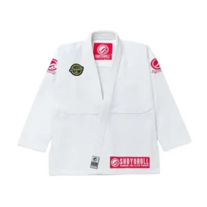 A clean white competition-style BJJ Gi featuring vibrant red woven labels on the lapel, shoulders, and lower front hem for a professional team look.